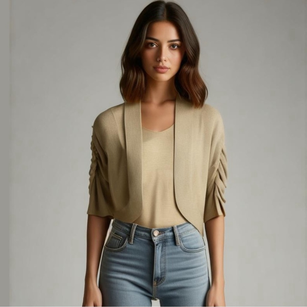 Peter Nygard Gold Cropped Ruched Sleeve Bolero Cardigan Sweater Size S